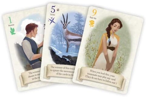 Three illustrated game cards showing characters and animals from Fox in the Forest: Duet, a cooperative card game for two players.