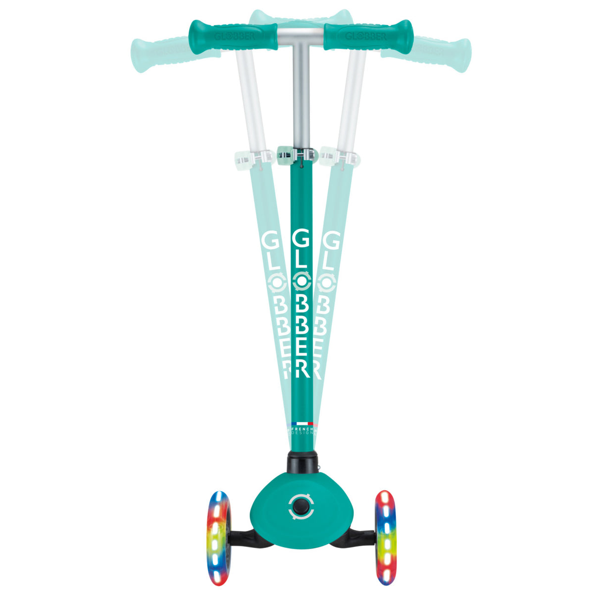 Scooter Primo Light Up Foldable | Teal with adjustable T-bar and LED light-up wheels for kids ages 3-7+.