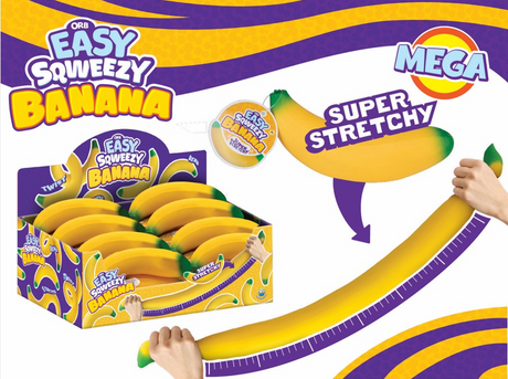 Display box of Easy Sqweezy Stretchy Banana toys with hands stretching one to show its super stretchy feature.
