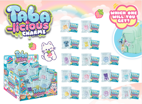 Taba-licious squishy charms in assorted mini styles displayed in packaging and attached to a backpack zipper pull