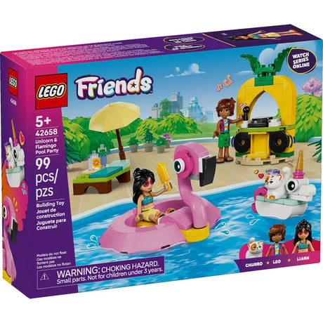 LEGO Friends pool party set with flamingo and unicorn floaties, minifigures, lounge chair, and DJ booth scene.