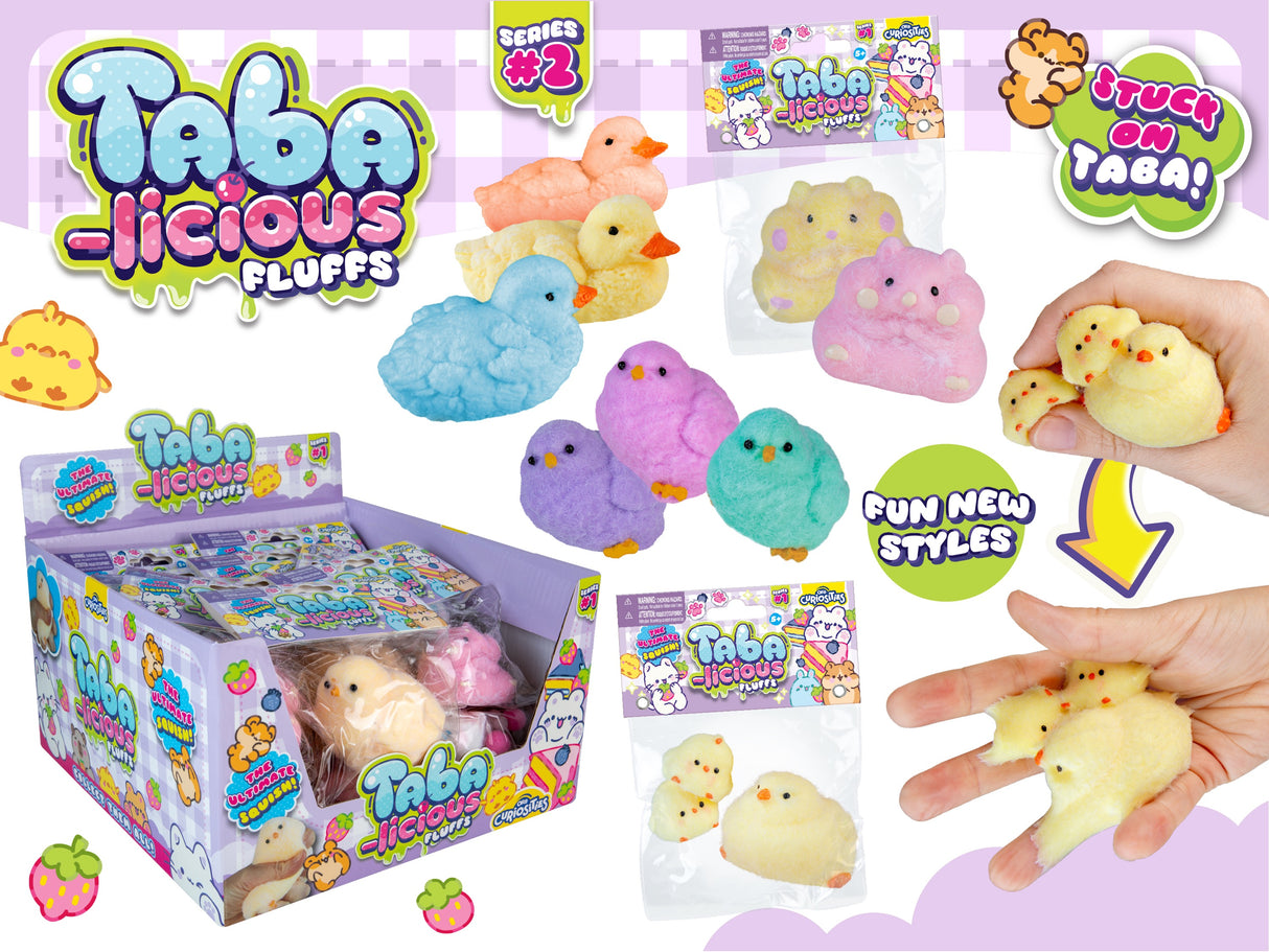 Colorful Taba-licious Fluffs squishy toys in various animal shapes, soft and fun for kids aged 4 and up.