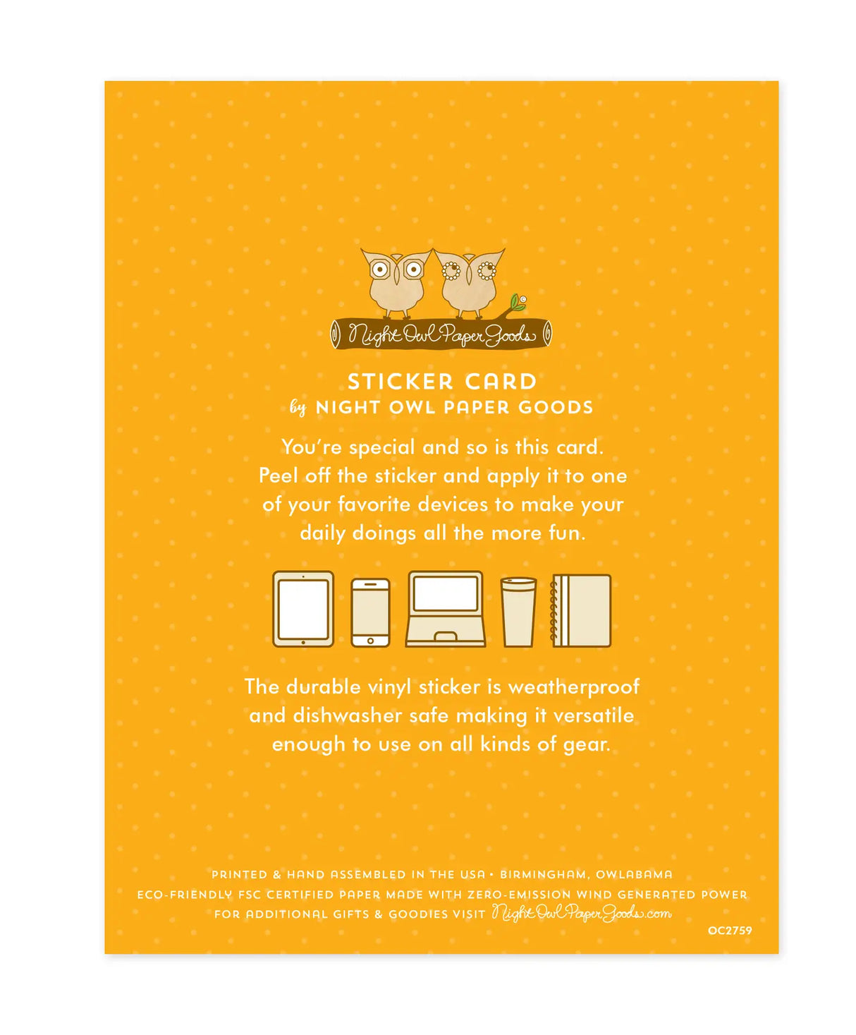 Happy Bee-Day Sticker Birthday Card back view showing sticker use instructions on an orange background.