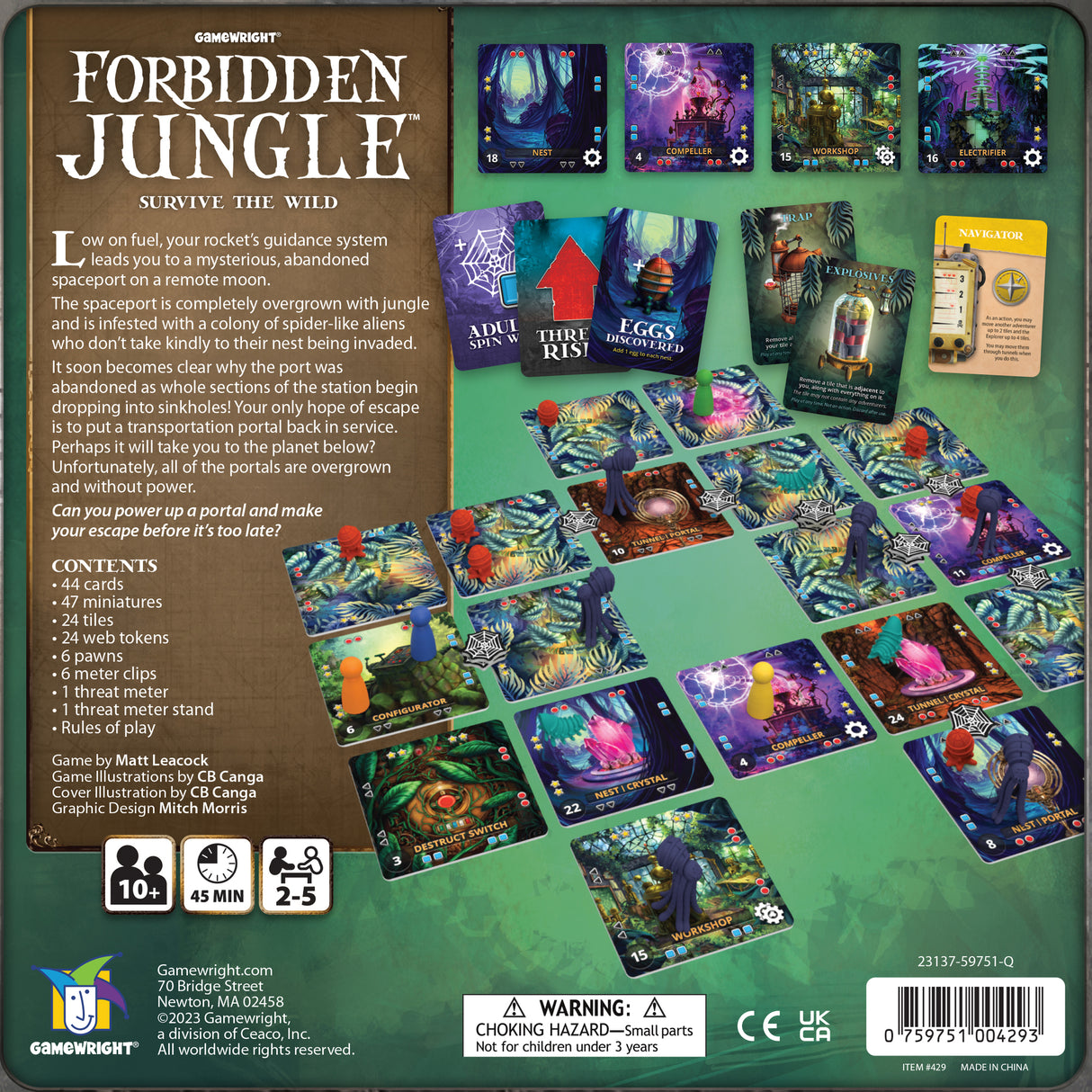 Forbidden Jungle board game setup showing cards, tokens, and pawns on a jungle-themed spaceport game board.