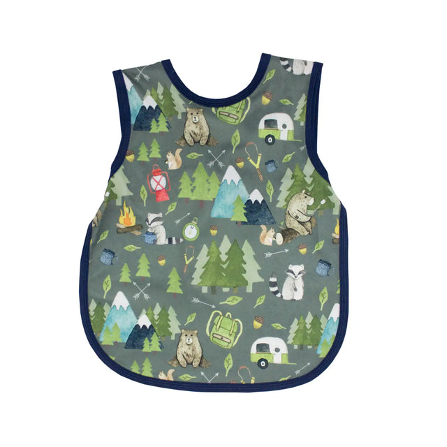 Bapron | Camping Bears 6M-3T toddler waterproof bib-apron with full coverage and playful camping animal print design.