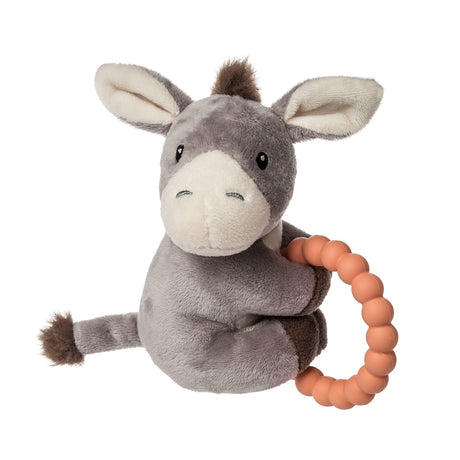 Dusty Donkey Teether Rattle soft plush donkey toy with silicone teether ring and gentle rattle for babies.