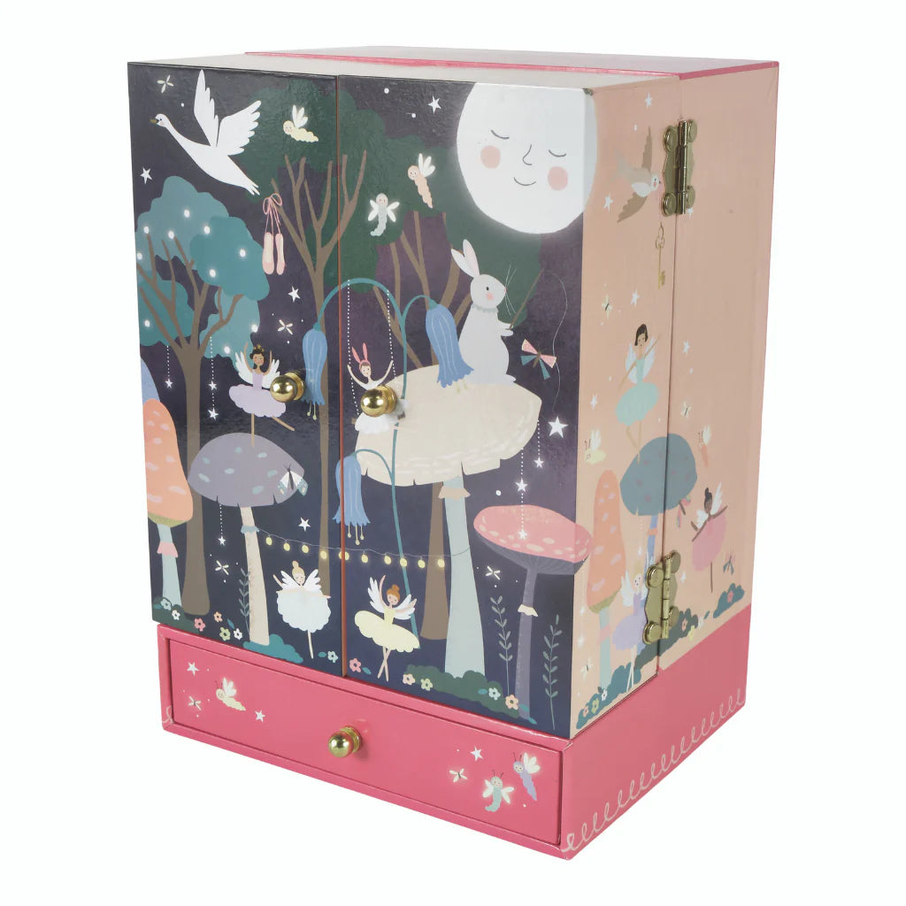 Jewelry Box | Enchanted Wardrobe with ballerina and forest illustrations, pink drawer, and charming whimsical design.
