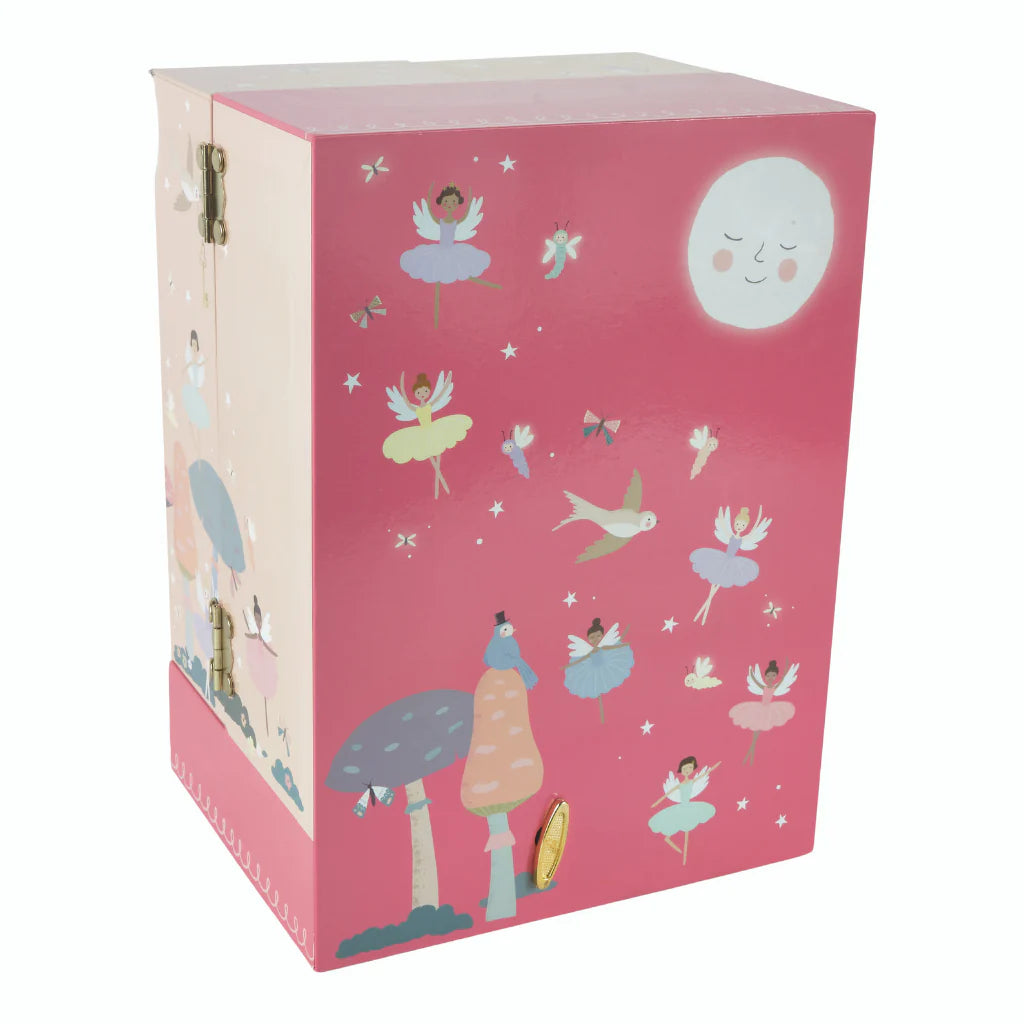 Jewelry Box | Enchanted Wardrobe with ballerinas, moon, birds, and mushrooms on pink background, whimsical design.