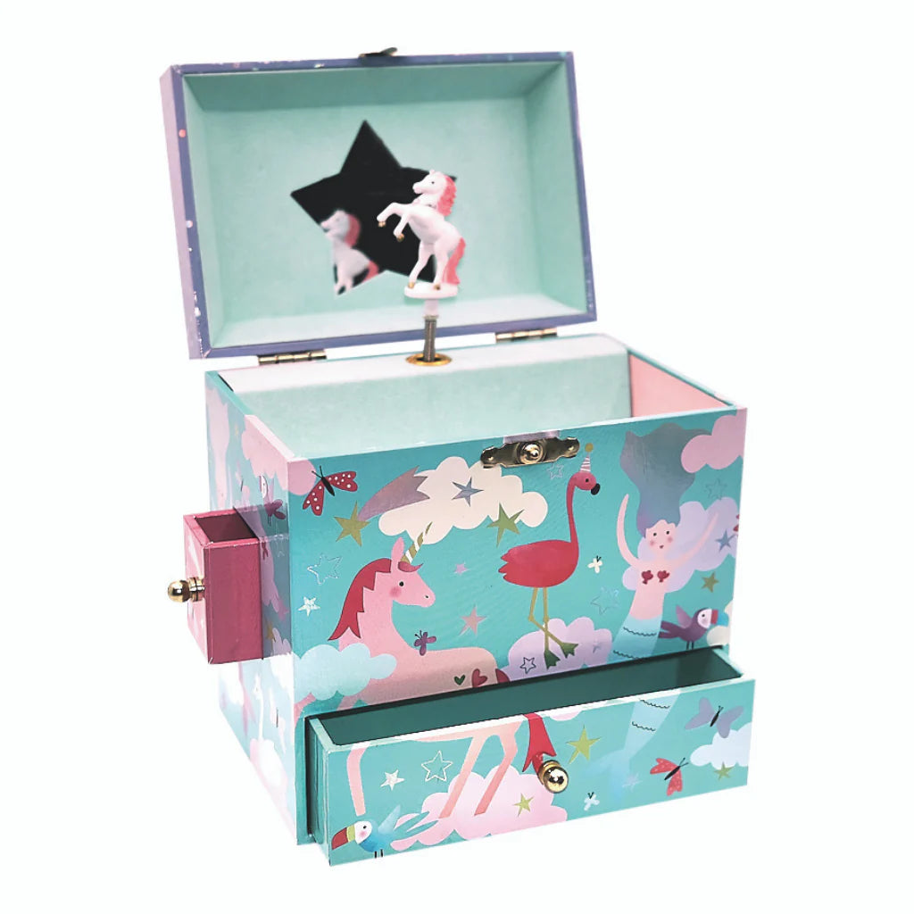Jewelry Box | Fantasy with unicorn, flamingo illustrations, three drawers, and a dancing unicorn music feature inside the lid.