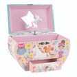 Rainbow Fairy Circular Jewellery Box with dancing unicorn, fairy illustrations, and a handy drawer for trinkets.