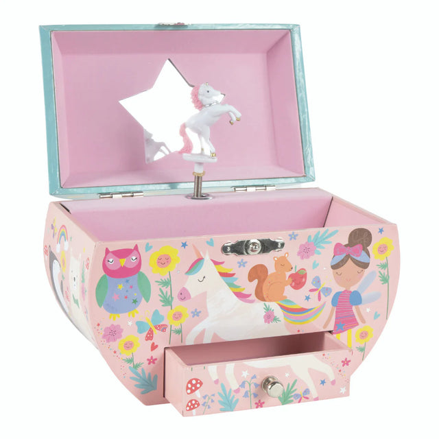 Rainbow Fairy Circular Jewellery Box with dancing unicorn, fairy illustrations, and a handy drawer for trinkets.