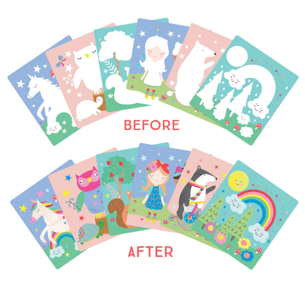 Magic Water Easel Pad | Rainbow Fairy showing before and after coloring with water revealing colorful designs