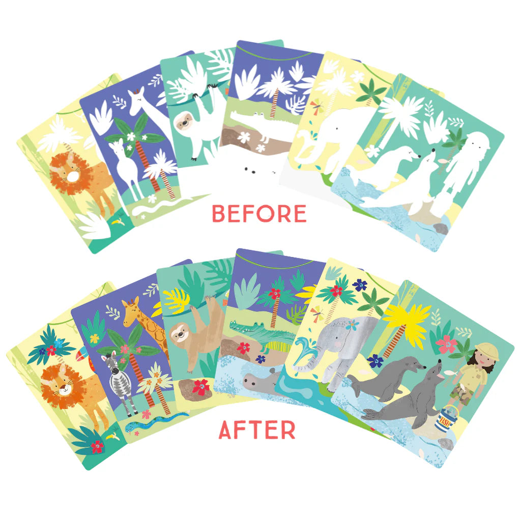 Magic Water Easel Pad | Jungle showing before and after coloring vibrant jungle animals and scenery on reusable pages.