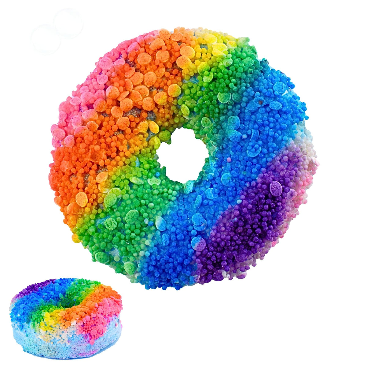 Donut Rainbow Bath Bomb with vibrant colors and textured surface, perfect for softening skin and sweet fruity fragrance.
