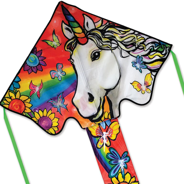 46" Easy-Flyer Flower Unicorn Kite with vibrant rainbow, colorful flowers, and butterfly design, easy to fly and assemble.