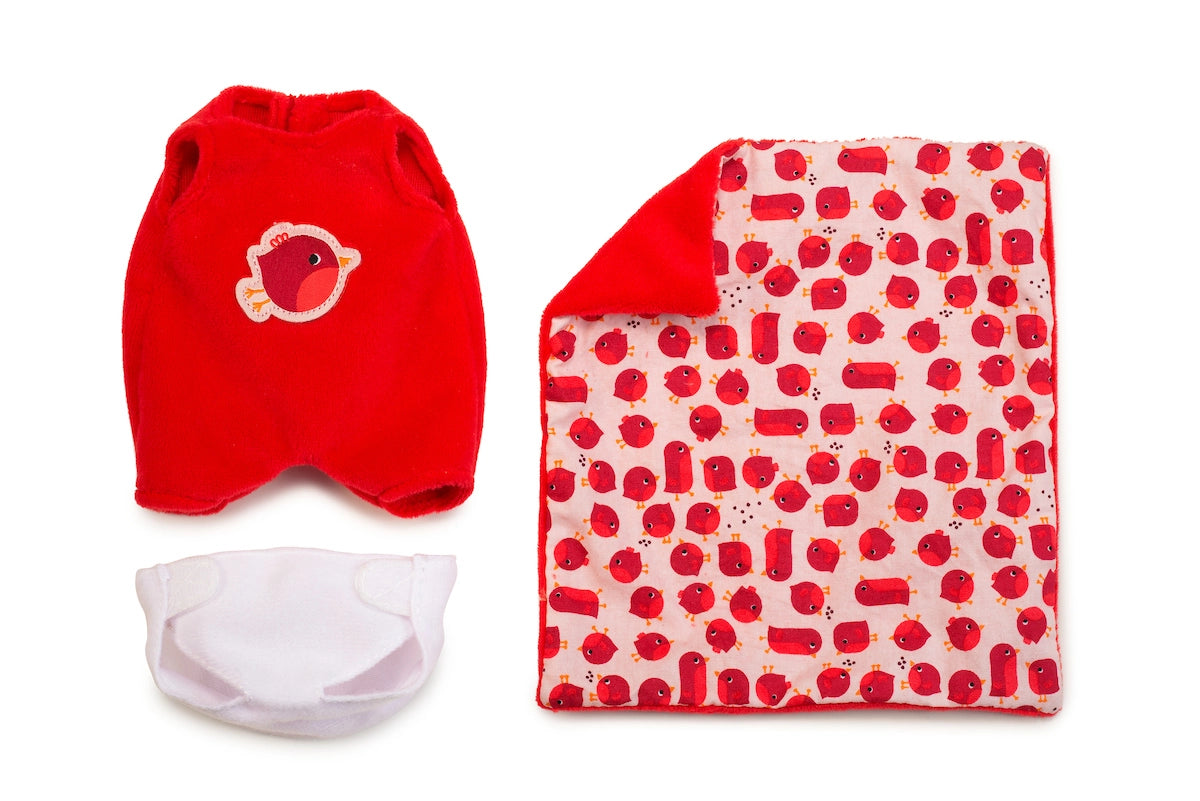 Baby & Carrier | Agathe doll clothes and accessories including red outfit, diaper, and patterned blanket.