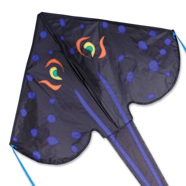 46" Easy Flyer Kite | Stingray in black with blue spots and colorful eye design, easy assembly and flying fun.