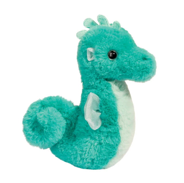 Seahorse Averie plush toy in teal with a curled tail, perfect for cuddles and imaginative play, 7 inches long.