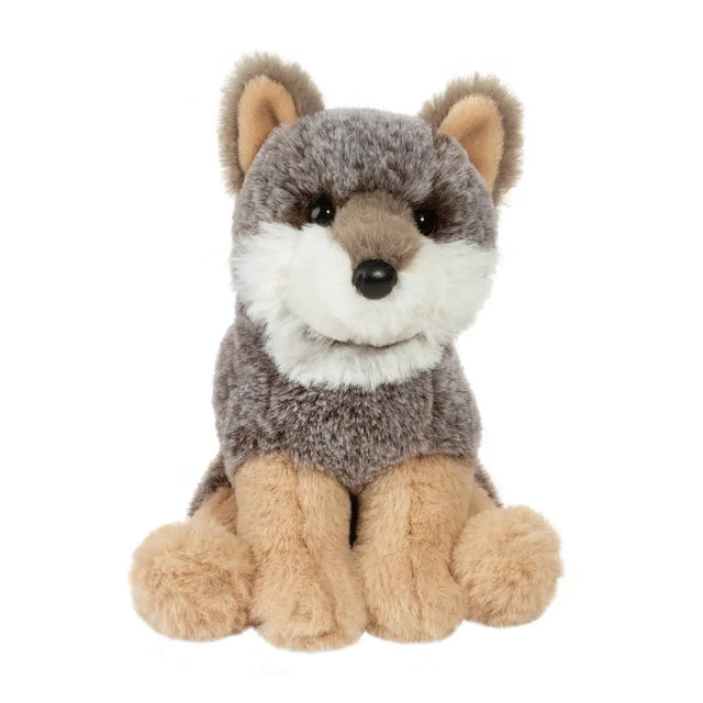 Wolf Albie mini soft wolf plush with gray and tan fur, sitting with a lifelike, friendly expression.