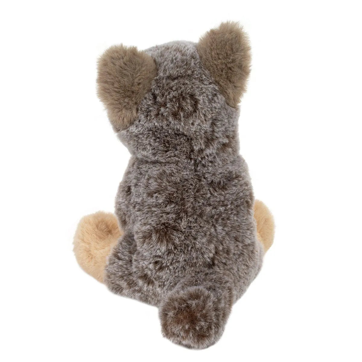Wolf Albie mini soft wolf plush toy with grizzled gray and warm brown fur, measuring 6 inches tall, sitting with back view.