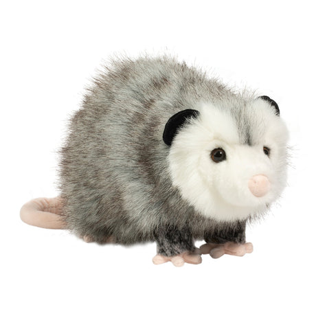 Possum Ozzy plush toy with gray fur, black ears, pink nose, and soft tail, perfect for cuddling and play.