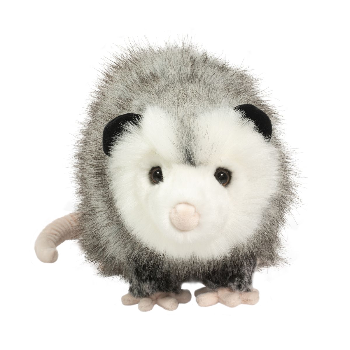 Possum Ozzy plush toy with gray fur, black ears, pink nose, and long tail, soft and cuddly stuffed animal.