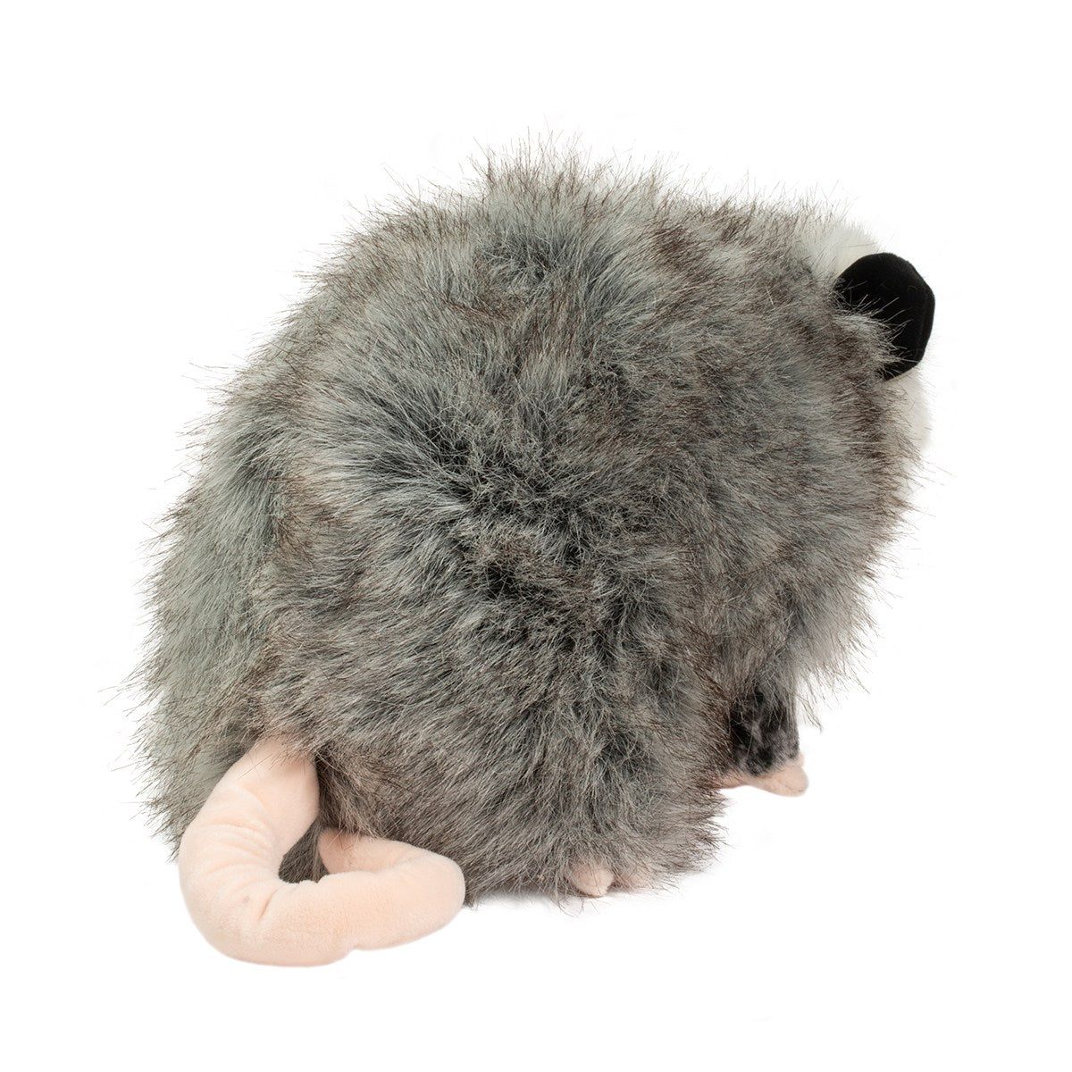 Possum Ozzy plush toy showing soft salt and pepper gray fur, black ears, pink tail, and tiny plush fingers.