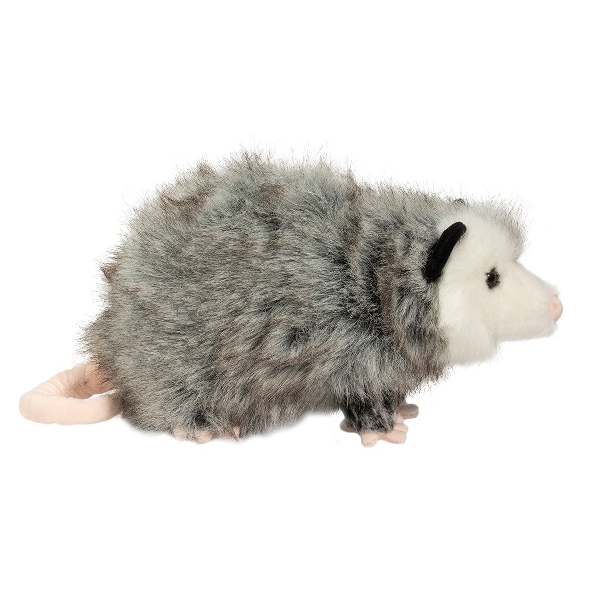 Possum Ozzy plush toy with salt and pepper gray fur, black ears, pink nose, and long pink tail side view.