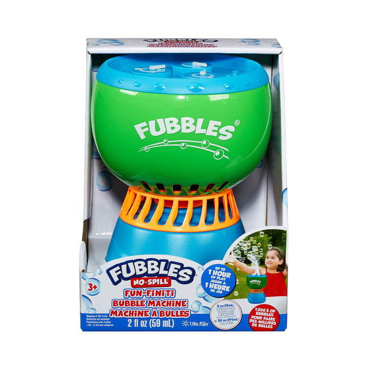 Fubbles | No-Spill Fun-Finiti Bubble Machine in packaging with bright colors and bubble graphics for kids aged 3 and up