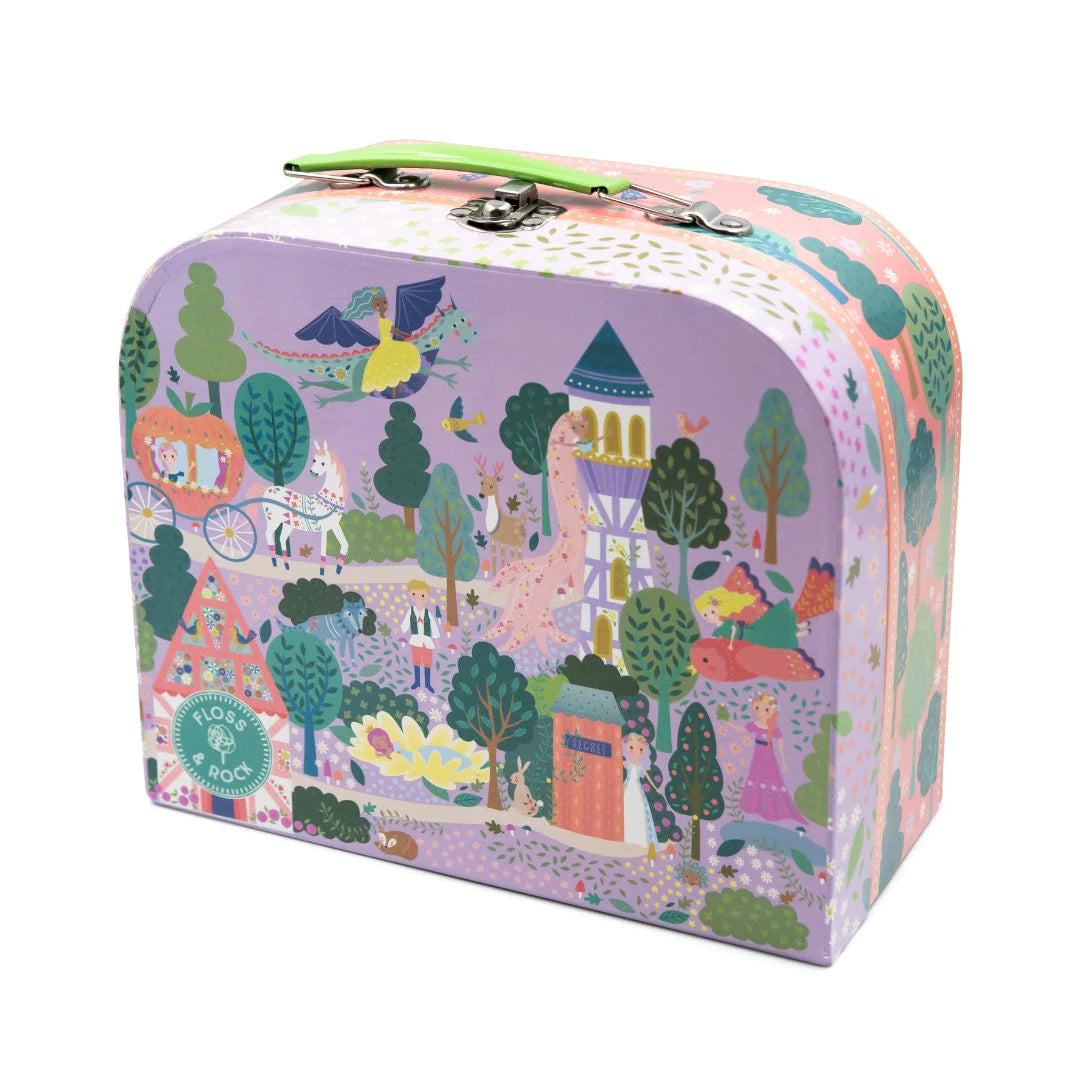 Musical Tea Set | Fairy Tale with carry case featuring whimsical princess and dragon illustrations for imaginative play.