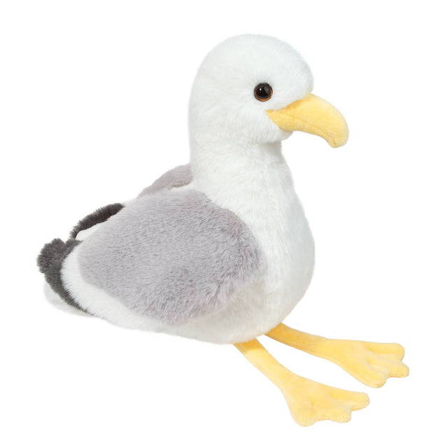 Seagull Stewie soft plush toy with realistic colors, floppy legs, and bright eyes, perfect for children ages 2 and up.