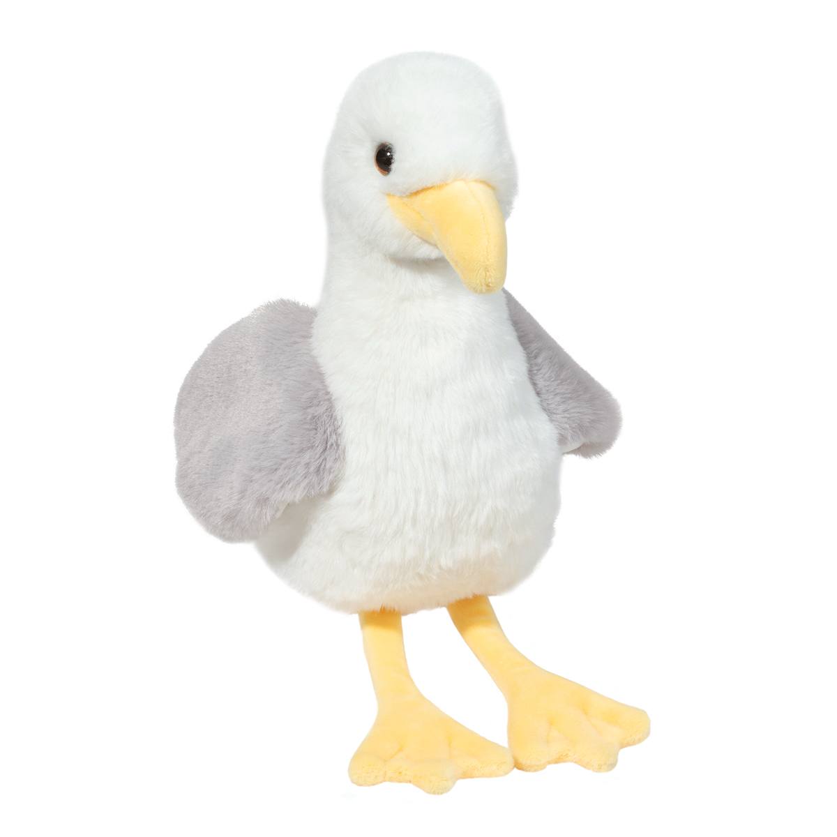 Seagull Stewie plush stuffed animal with soft gray wings and yellow beak and feet, 10 inches long.