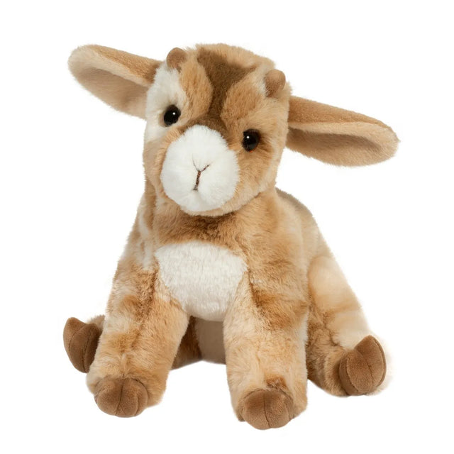 Goat Dandie plush toy with stitched face, cloven hooves, dark brown stripe, and tiny horns, perfect for cuddling and play.