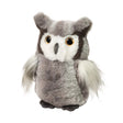 Owl Andie plush toy with soft gray fur, metallic golden eyes, and wispy feathered wings for ages 2 and up.