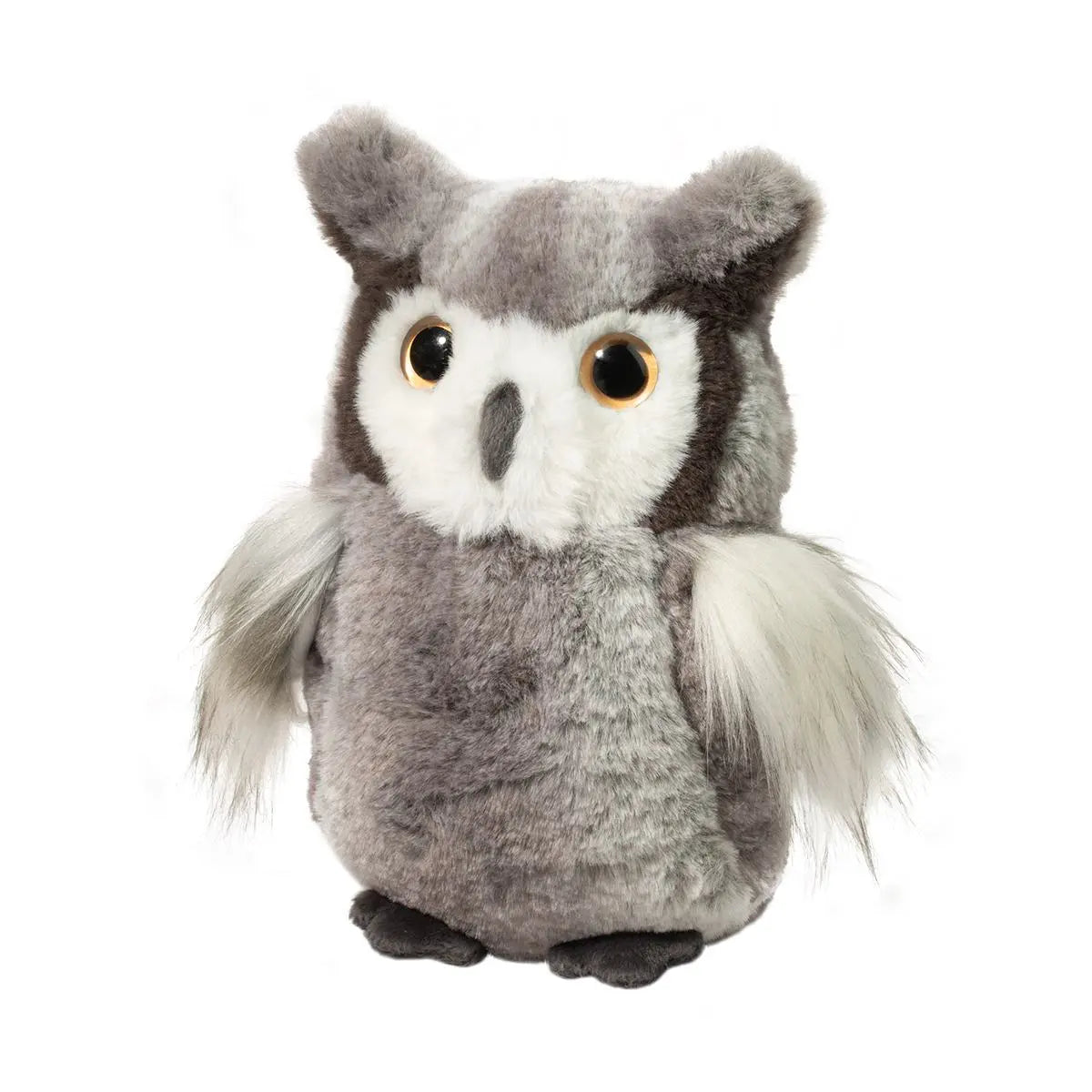 Owl Andie plush toy with soft gray fur, metallic golden eyes, and wispy feathered wings for ages 2 and up.