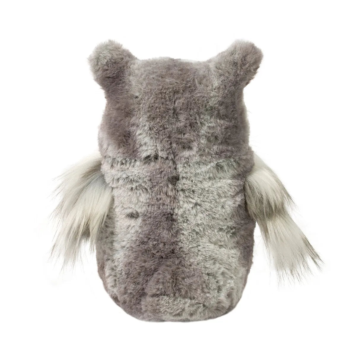 Back view of Owl Andie plush soft owl with fluffy gray body and wispy light gray wings isolated on white.
