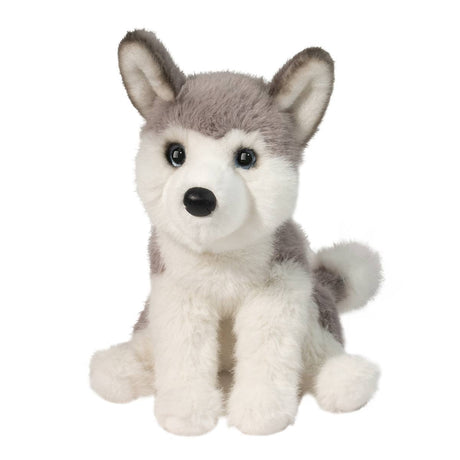 Husky Flurrie plush stuffed animal with soft gray and white fur sitting upright with black eyes and nose