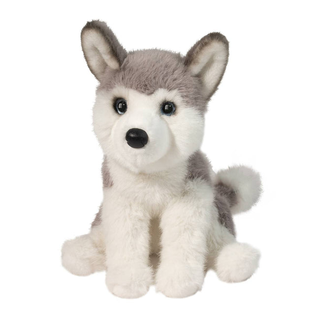 Husky Flurrie plush stuffed animal with soft gray and white fur sitting upright with black eyes and nose