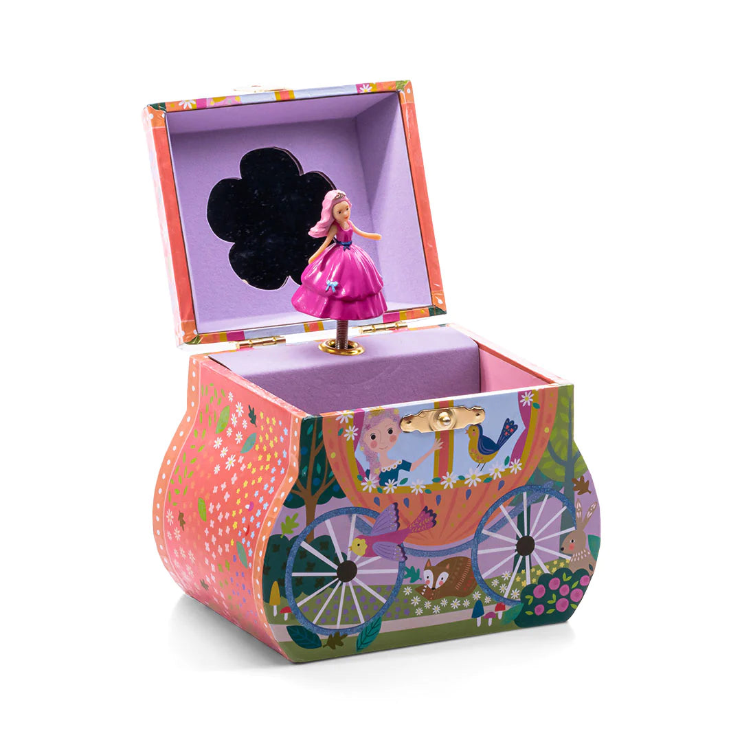 Jewelry Box | Fairy Tale Carriage featuring a princess figurine, glitter detail, lilac interior, and flower-shaped mirror.