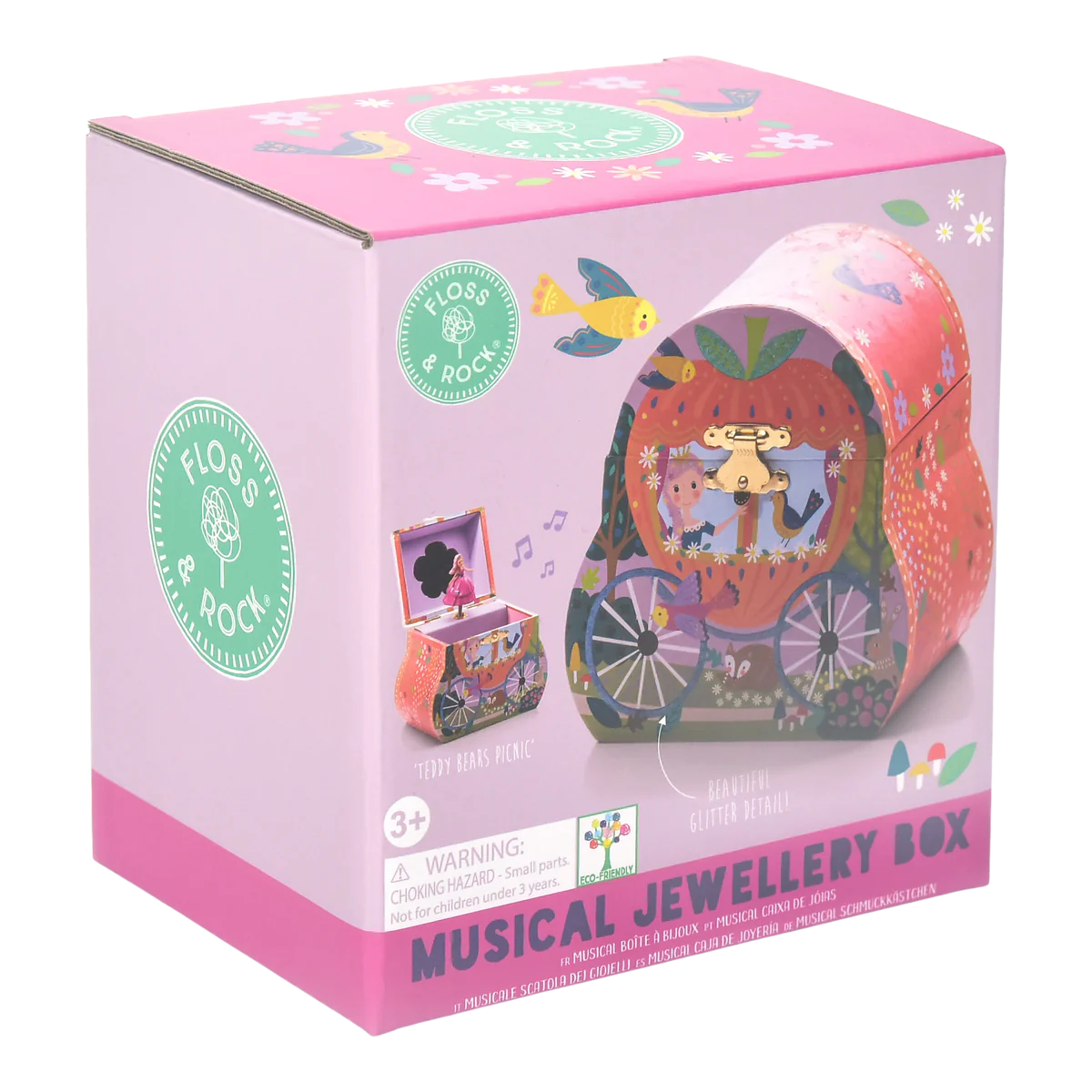 Jewelry Box | Fairy Tale Carriage musical jewelry box with princess figurine and glitter details in colorful gift box.