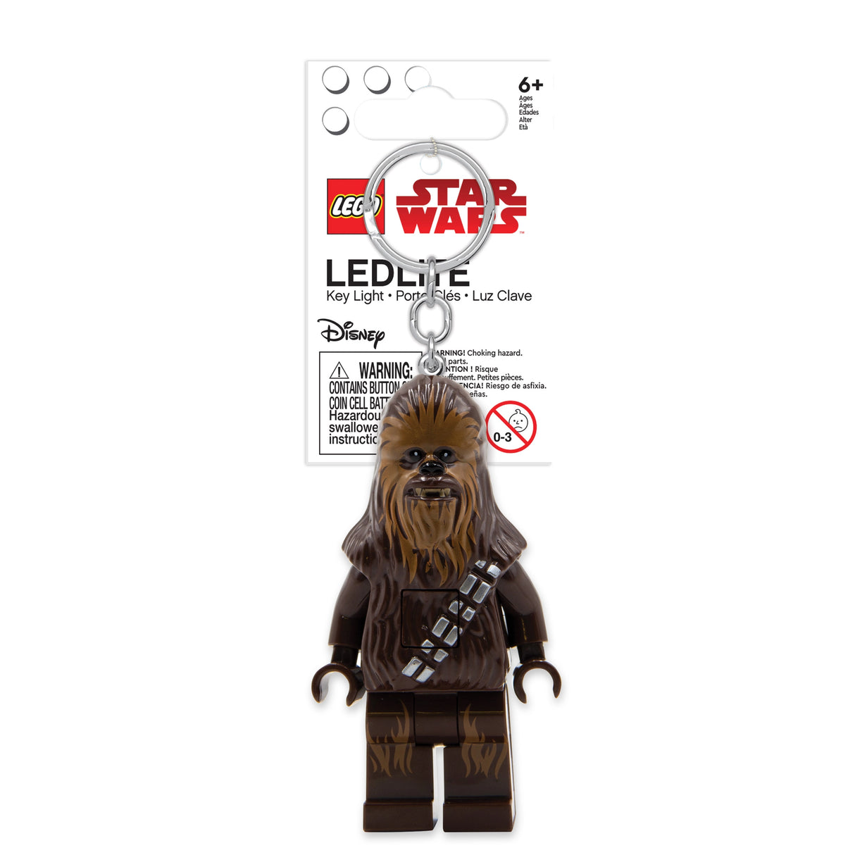 Lego Keylight | Star Wars Chewbacca figure keychain with LED light and metal ring for keys or bags.
