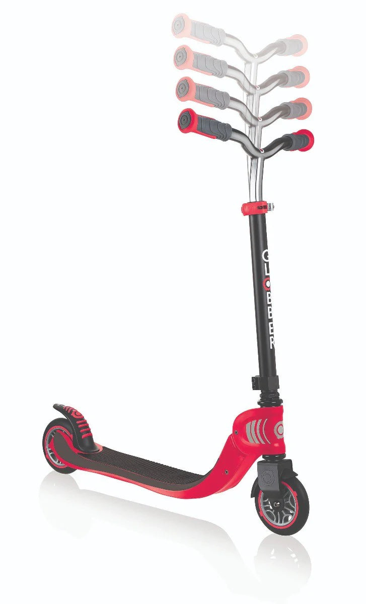 Scooter Flow Fold | Red with adjustable handlebars shown in multiple height positions on a white background.