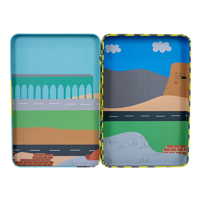 Magnetic Playtime | Construction open tin showing two play scenes with roads and construction backgrounds inside.