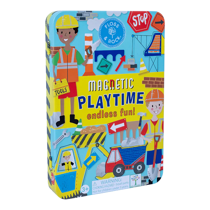 Magnetic Playtime | Construction tin with colorful builder magnets, trucks, and play scenes for creative fun on the go.