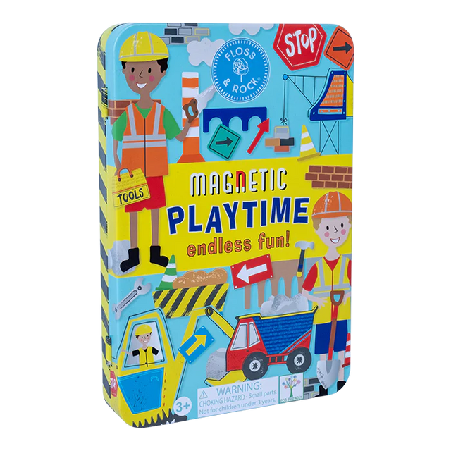 Magnetic Playtime | Construction tin with colorful builder magnets, trucks, and play scenes for creative fun on the go.