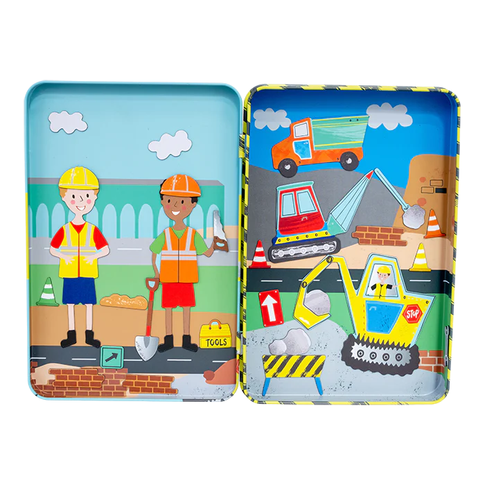 Magnetic Playtime | Construction tin with bright magnetic builders, diggers, trucks, and 2 fun play scenes for kids.