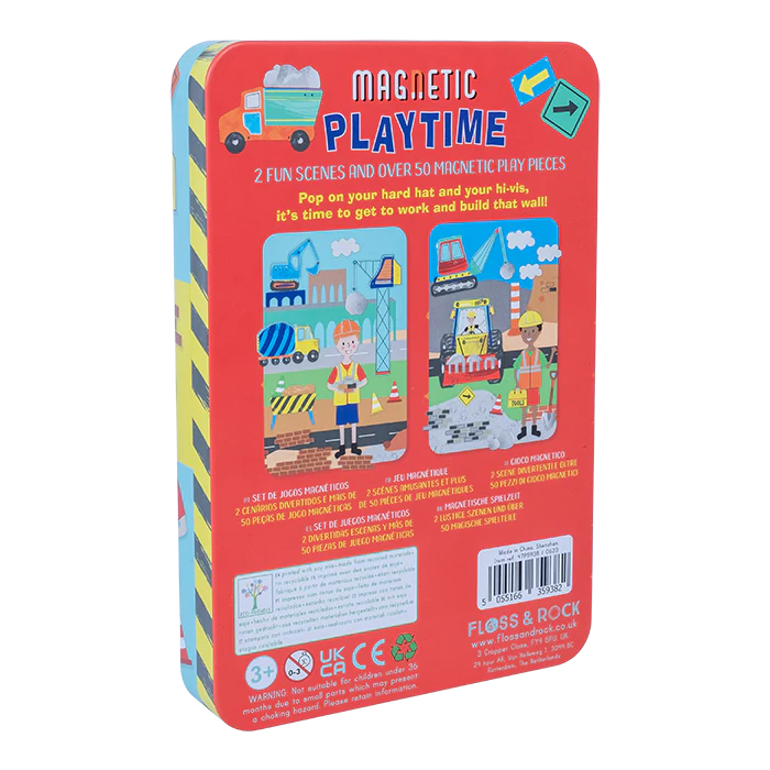 Magnetic Playtime | Construction magnetic tin with 2 scenes and over 50 builder-themed magnetic pieces for creative play.
