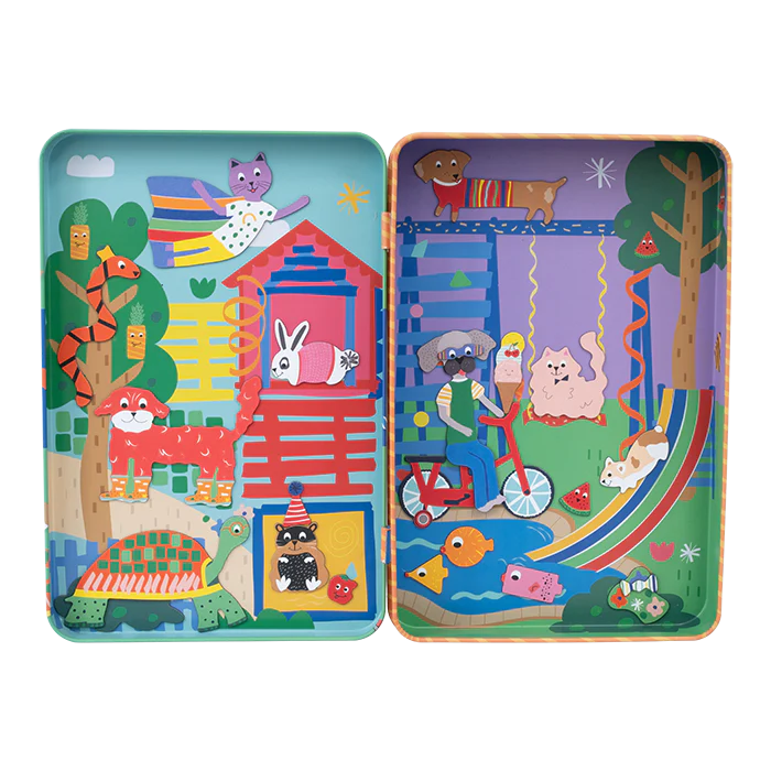 Magnetic Playtime | Pets tin with colorful magnetic animals and playful scenes inside a recycled metal box.