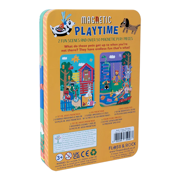 Magnetic Playtime | Pets magnetic tin with 2 play scenes and over 50 colorful magnetic pieces for creative fun.