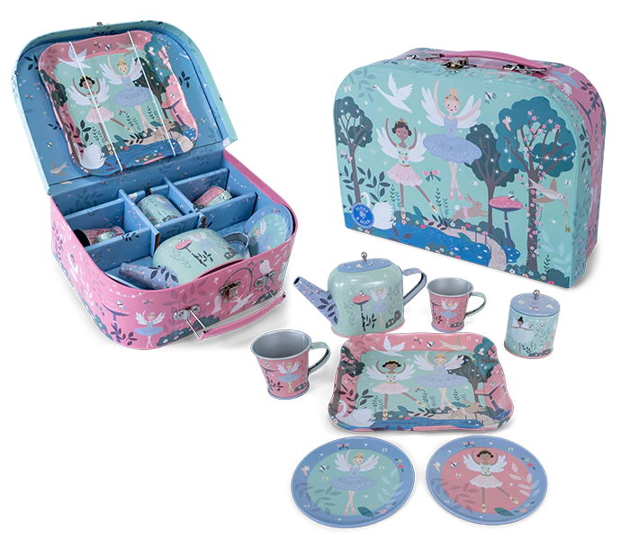 Tea Set | Enchanted 9 piece kids tea set with ballet dancer illustrations and pastel carry case for imaginative play.